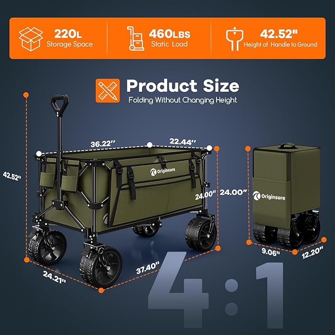 220L Collapsible Wagon Cart Foldable, 460lbs Load Capacity Heavy Duty Folding Beach Wagons with Big All-Terrain Wheels, Utility Carts for Groceries, Shopping, Camping, Sports - Green