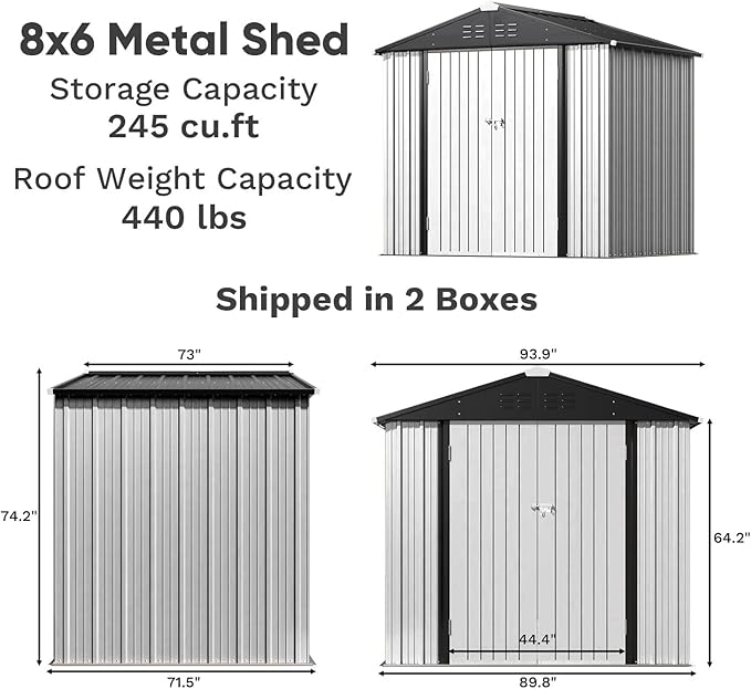 Greesum 8×6FT Outdoor Storage Shed, Metal Patio Storaged Sheds with Lockable Doors, Sheds & Outdoor Storage for Bike, Backyard, Pool and Garden, White