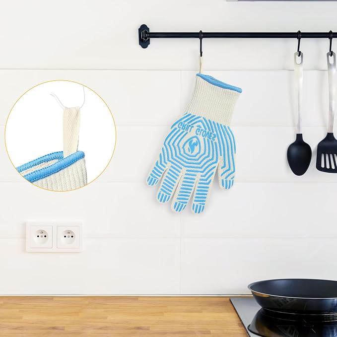 QUWIN BBQ Gloves, Oven Gloves 1472℉ Extreme Heat Resistant, Grilling Gloves Silicone Non-Slip Oven Mitts, Kitchen Gloves for BBQ, Grilling, Cooking, Baking-1 Pair… (Blue, One Size Fits Most)