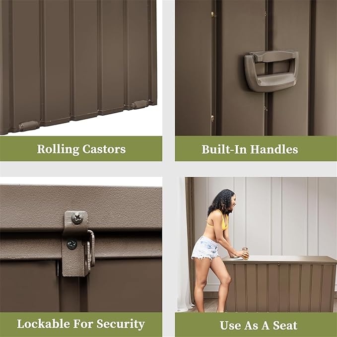 LANTRO JS 100 Gallon Metal Deck Box, Outdoor Storage Box Waterproof with Wheels, Lockable Storage Container for Patio Furniture Cushions Garden Tools, Dark Brown
