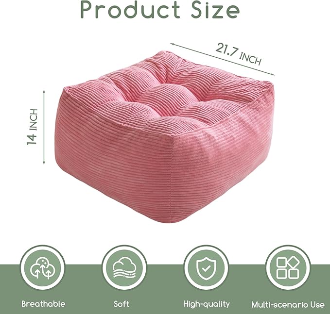 HIGOGOGO Square Stuffed Pouf Ottoman, Corduroy Poufs with Foam Chunk Filling, Furry and Fluffy Pouf Foot Stool Storage Ottoman, 21 X 21 Floor Poufs Foot Rest for Living Room, Pink