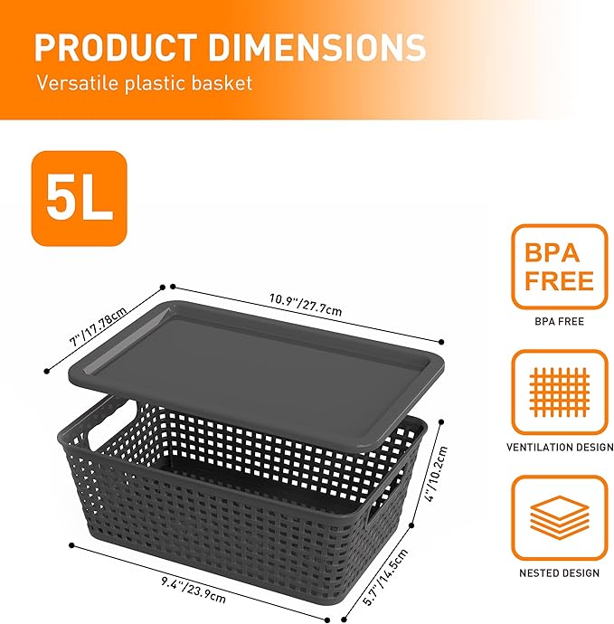 Plastic Storage Baskets With Lid, Storage Bins for Organizing, Stackable Decorative Containers for Shelves Drawers Desktop Closet Playroom Classroom Office, 8 Pack-Grey