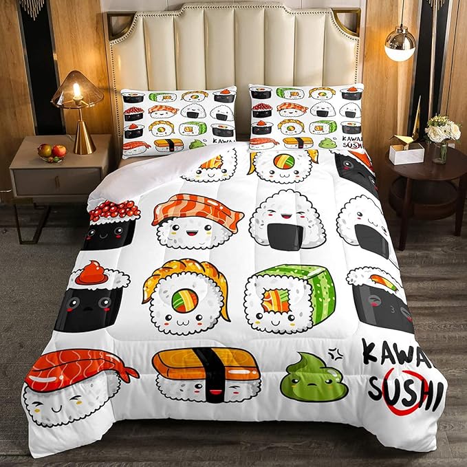 Erosebridal Kawaii Sushi Pattern Comforter Set Twin, Japanese Style Down Comforter, Food Theme Quilted Duvet for Kids Boys Girls Teens, Cute Cartoon Japanese Sushi Quilt Set Room Decorative