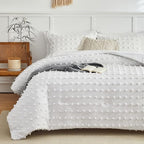 7 Pieces Tufted Dots Bed in a Bag King Comforter Set with Sheets White , Soft and Embroidery Shabby Chic Boho Comforters, Solid Color with Pom Pom Design, Jacquard Tufts Bedding Set for All Season