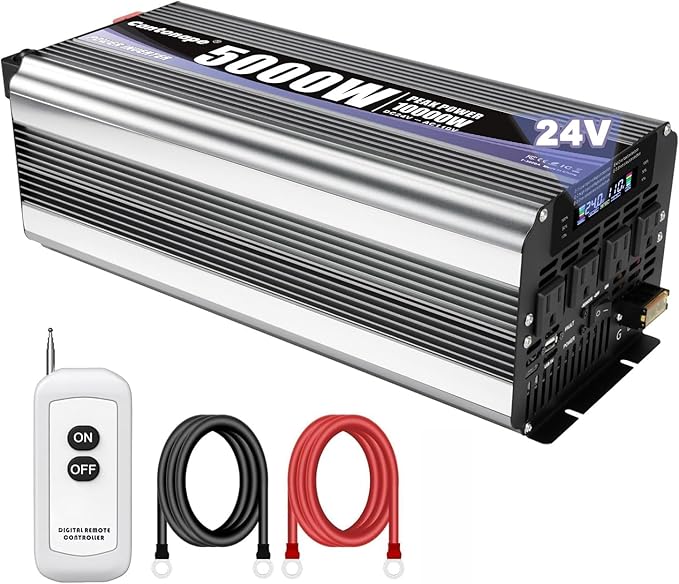 5000W Power Inverter 24V to 110V/120V DC to AC with LCD Display, Remote Controller and 4 x AC Outlets Car Adapter for Car Truck Boat RV Off Grid Solar System