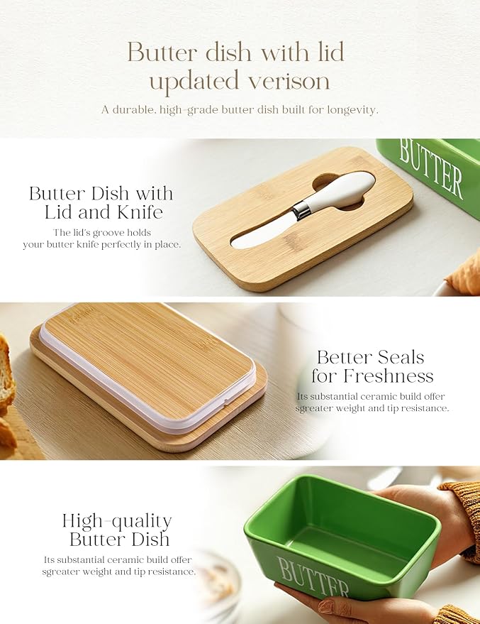 Ceramic Butter Dish with Lid and Knife & Silicone Seal for Countertop Green | Suitable Capacity, Great Sealing, Home Decor Kitchen Gift Housewarming Gift