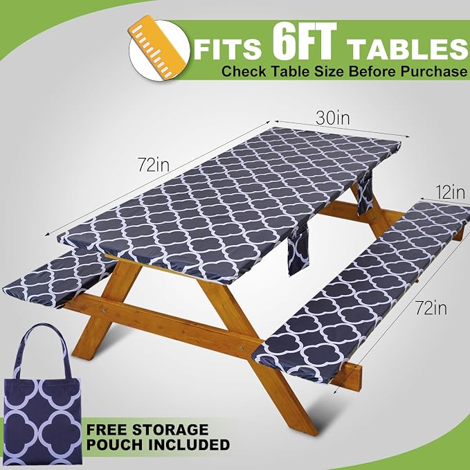 Fitted Picnic Table Cover with Bench Covers Waterproof Elastic Edges Rectangle Patio Tablecloth Outdoor Camping Essentials Stuff Rv Accessories Summer Trip Travel Supplies Party Camper Gifts, 6 ft