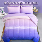 Dinjoy Girls Comforter Set King Size Rainbow Ombre Purple Lavender Pink Bedding Set Gradient 6 Pieces Bed in A Bag for Kids Teen Girl Women(1 Comforter, 1 Flat Sheet, 1 Fitted Sheet)