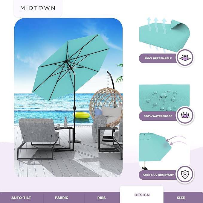 Midtown Umbrellas Sunbrella Umbrella 10 Feet Large Outdoor Umbrella With Sunbrella Aruba Acrylic Fabric - Auto-Tilt Aluminum Frame Large Patio Umbrella For Backyard, Deck, Garden, Pool - Black Pole