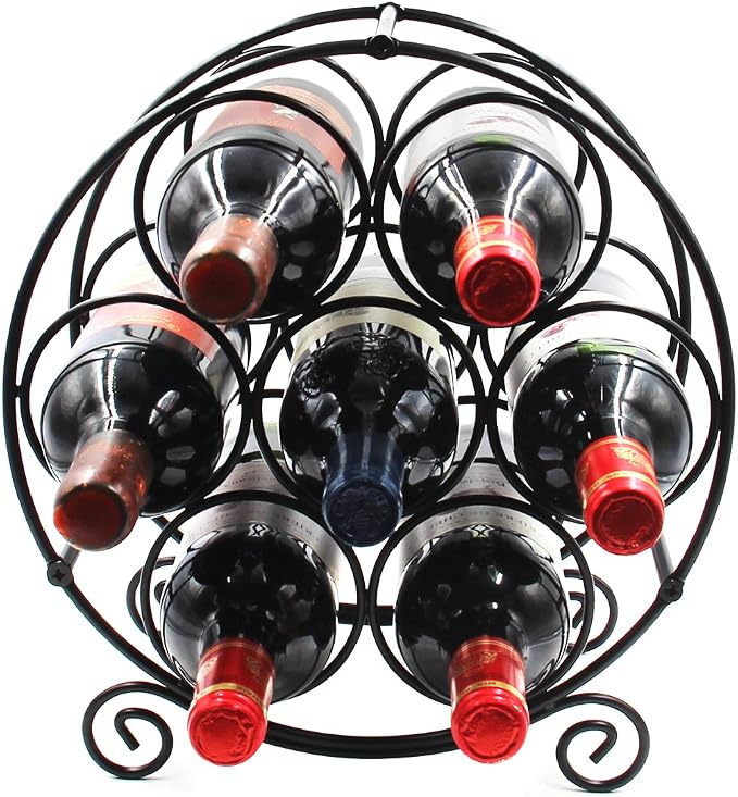 PAG 7 Bottles Freestanding Countertop Wine Rack, Metal Small Table Top Wine Rack, Drink Organizer Bottle Holder, Kitchen Organizers and Storage, Black