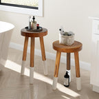 Teak 11.8" Round Dip Dyed Teak Stool | Wood Accent Side Table | Wood Plant Stand (20" Tall White)