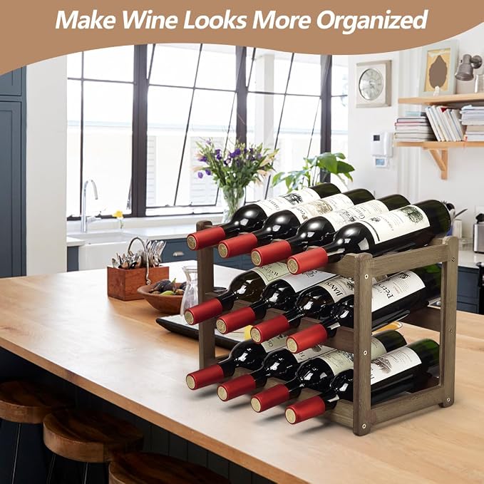 Bamboo Wine Rack, Sturdy and Durable Wine Storage Cabinet Shelf, Wine Racks Countertop for Pantry - 3 Tiers 12 Bottle Wine Rack, Moca