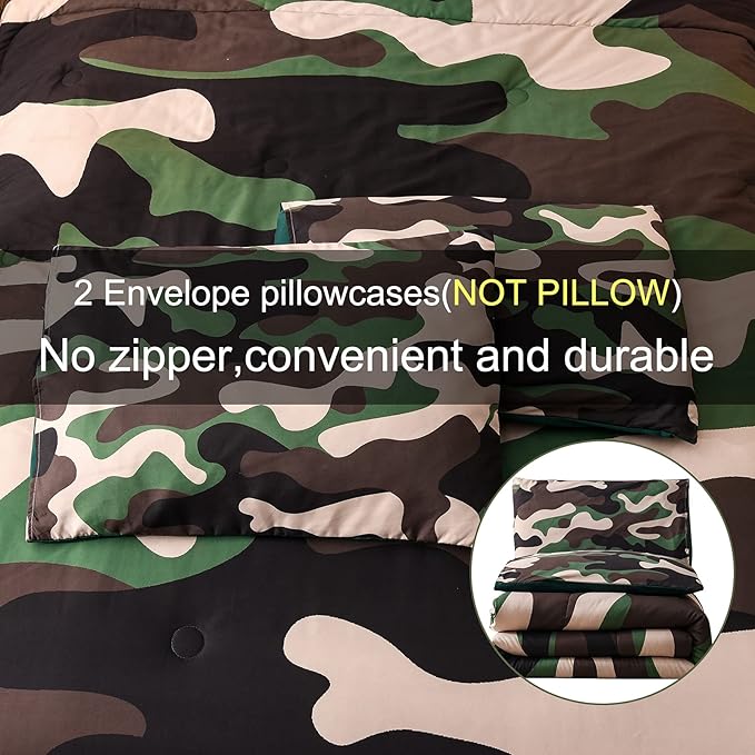 Meeting Story Army Green Camouflage Bedding Set, Camouflage Comforter Set, 3 PCS One Comforter and Two Pillowcases, All Season Soft Bedspread for Kids Teens Adults (Green, Queen)