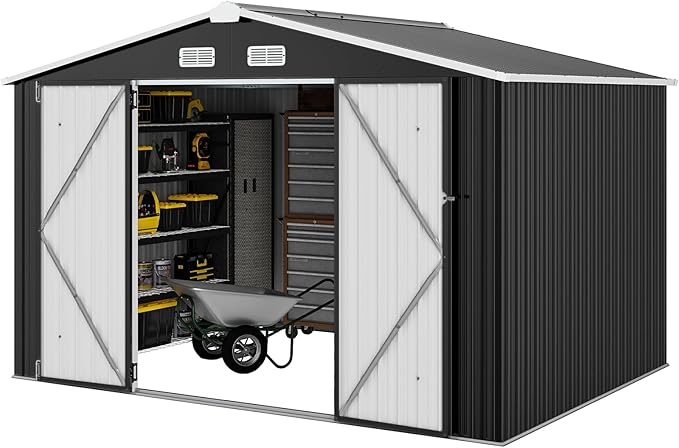 Aoxun 9.4x7.3x6.5 FT Outdoor Storage Shed, Garbage Can, Outdoor Metal Shed for Tool, Garden, Bike, Placed in Patio, Garden (Black)