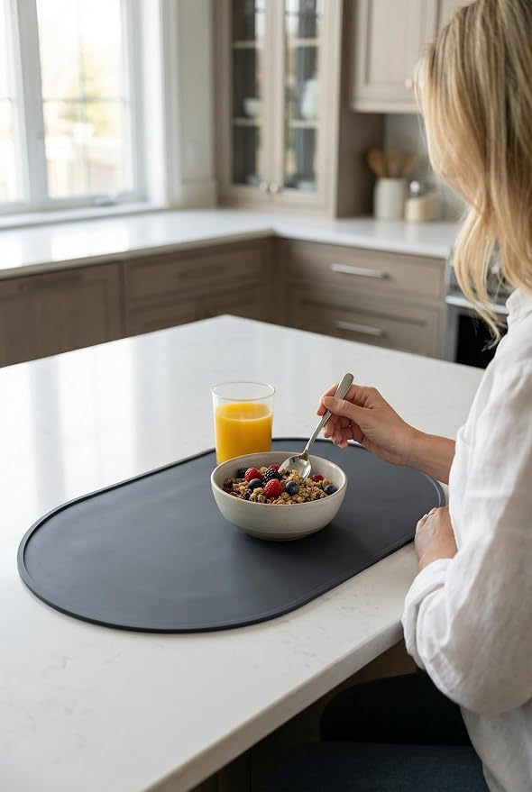 Oval Silicone Placemats Set of 2, 15.8 x 10.5in, Table Protector, Gray | Food-grade Silicone , Non-slip , Raised Edge Heat Resistant, Easy Clean , Compact Size, for Dining Table