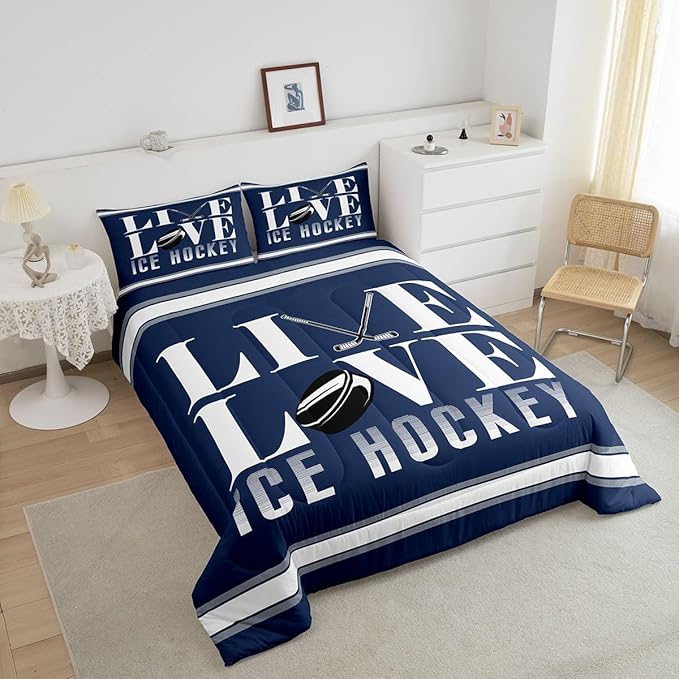 Ice Hockey Bedding Set Full Size Ice Sports Games Comforter Set for Kids Boys Girls Decor Hockey Player Comforter Microfiber Puck Hockey Duvet Set Bedroom Quilt Set