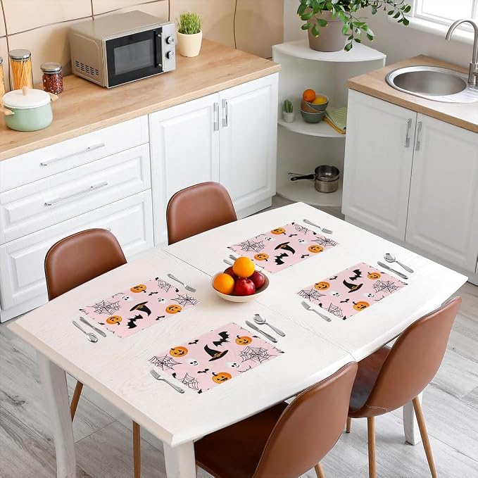 Feelyou Happy Halloween Placemats Set of 4 Pumpkin Lantern Skull Table Mats for Party Kitchen Dining Decoration Holiday Seasonal Pink Orange White Place Mat for Dinner Table Indoor Outdoor 18"x12"