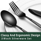 EWFEN 24-Piece Black Silverware Set with Steak Knives, Black Flatware Set for 4, Food-Grade Stainless Steel Tableware Cutlery Set, Mirror Finished Utensil Sets for Home Restaurant, Round Hammered