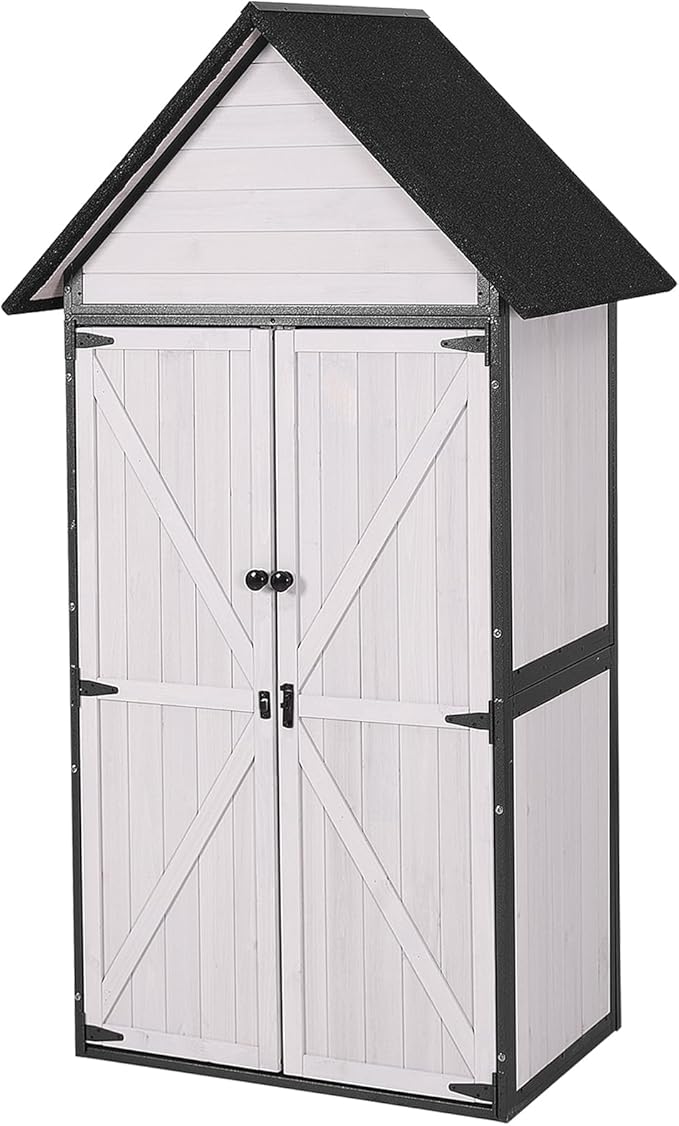 GUTINNEEN Shed Outdoor Storage Upgraded with Durable Metal Frame Garden Shed Tool Storage Cabinet with Wooden Floor Adjustable Shelfs 2.5 x 1.4FT （Off-White）