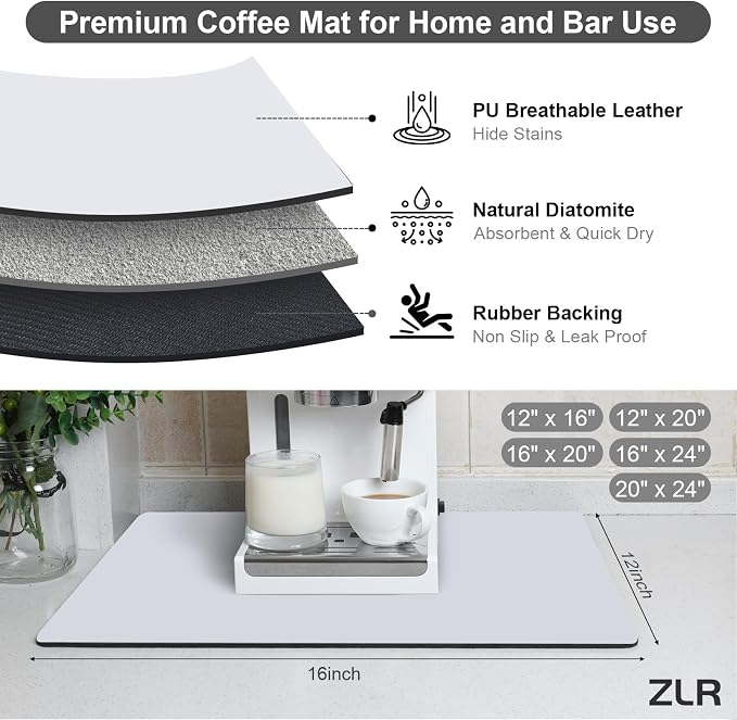 ZLR Coffee Bar Mat for Espresso Machine, 12"x20" Medium, Light Gray | Absorbent Dish Drying Mat, Stain-Hiding PU Top, Non-Slip Back, Fits Grinder, Knock Box, Tamper & Milk Frother