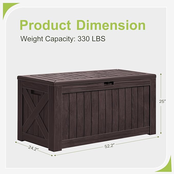 Greesum 120 Gallon Deck Box, Resin Outdoor Storage Container for Patio Furniture, Garden Tools, Pool Accessories, Weatherproof, Lockable, Brown