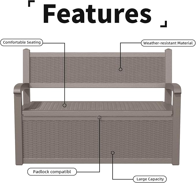 Outdoor Storage Bench - Waterproof Resin Patio Bench with Storage, All-Weather Durable Design for Garden, Deck, or Patio