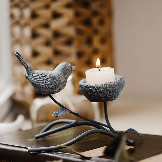 Marbrasse Votive Candle Holders, Vintage Home Decor Centerpiece, Iron Branches, Resin Bird and Nest, Tabletop Decorative TeaLight Candle Stands,Creative Artwork (Grey Black)