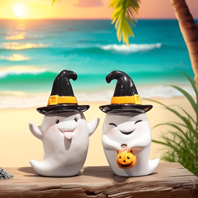 Halloween Decorations Ghost Statues Collectible-Figurines - Halloween Decor Indoor Cute Boo Ghost Sculpture Resin White Ghost With Black Hat Party Supplies Set of 2, 2.5*2*3.5 inch Newman House Studio