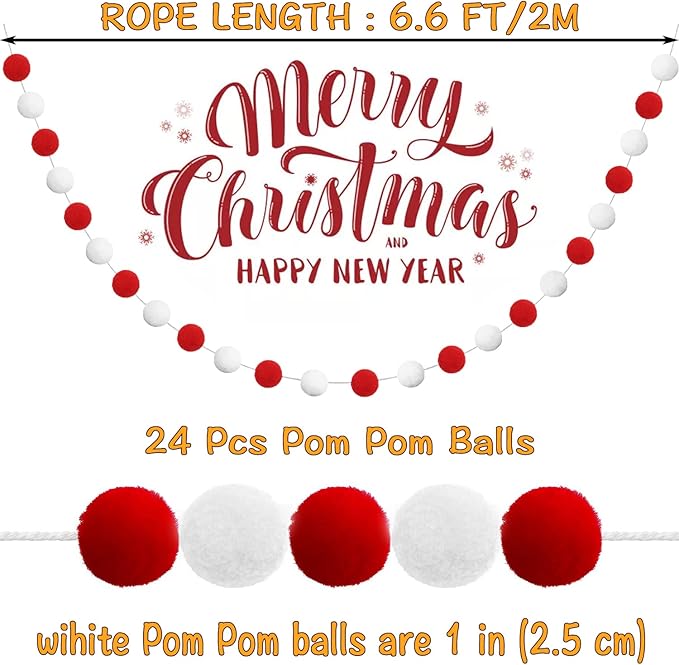 Jishi 3-Pack Pom Pom Garland Red and White Felt Ball Ornament Garland Christmas Decorations, Cute Pompom Strings for Christmas Tree Decor, Xmas Holiday Party, Birthday Banner - 6.6 Feet Long, 24 Balls