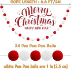 Jishi 3-Pack Pom Pom Garland Red and White Felt Ball Ornament Garland Christmas Decorations, Cute Pompom Strings for Christmas Tree Decor, Xmas Holiday Party, Birthday Banner - 6.6 Feet Long, 24 Balls