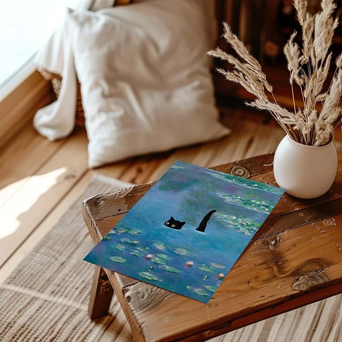 XOCUUI Cat Wall Art Monet Prints Vintage Canvas Wall Art Funny Cat in Water Lilies Posters for Room Bedroom Living Room Bathroom Wall Decor Aesthetic (Size: 11''x14'')