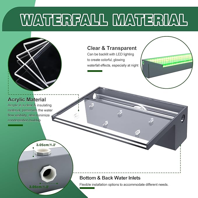 Pool Fountain, LONGRUNNEW Transparent Acrylic Pool Waterfall Spillway with Pipe Connector Kits for Indoor/Outdoor Decorative, 11.8 Inches Pool Water Feature for Garden Patio, Backyard Koi Pond Decor