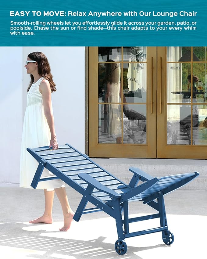 Ciokea Lounge Chair Outdoor, Oversized Chaise Lounge Chair with 5 Positions, HDPE, Patio Lounge Chair with Wheels & Cup Holder for Pool, Deck, Poolside, Azure Blue