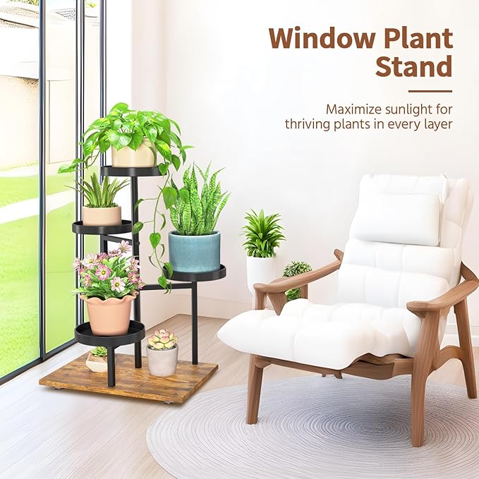 LASZOLA Black 4 Tier Plant Stand Indoor Heavy Duty Rack for Modern House Planter, Metal and Wooden Vertical Organizer Decor Narrow Bathroom Floor, Sturdy Multi Level Flower Holder Raised, Cat Proof