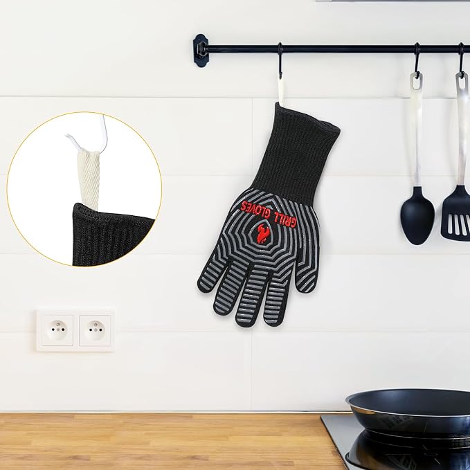 QUWIN BBQ Gloves, Oven Gloves 1472℉ Extreme Heat Resistant, Grilling Gloves Silicone Non-Slip Oven Mitts, Kitchen Gloves for BBQ, Grilling, Cooking, Baking-1 Pair… (Black, One Size(Long Cuff))