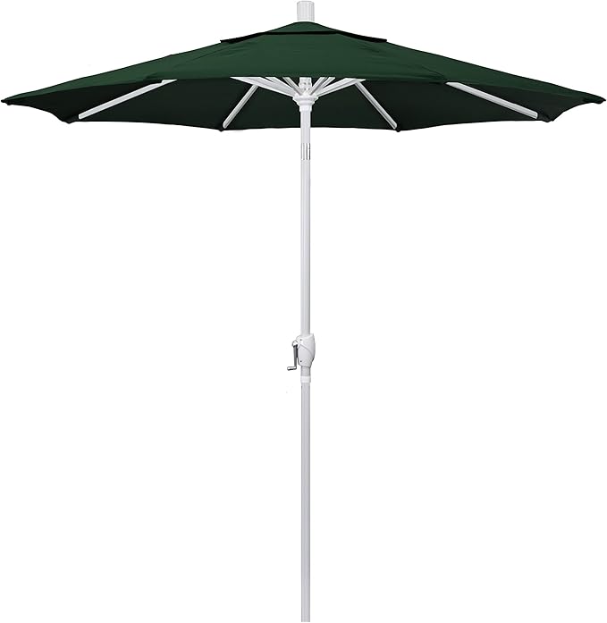 California Umbrella 7.5' Round Aluminum Market Umbrella, Crank Lift, Push Button Tilt, White Pole, Hunter Green Olefin