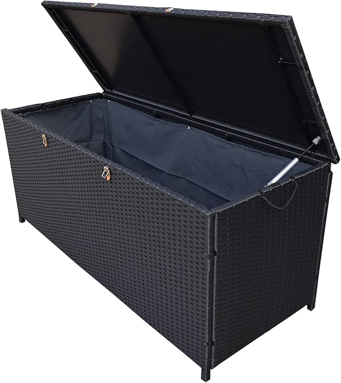 Oakland Living 113 Gallon Outdoor Storage Box, Patio Rattan Deck Box, Wicker Storage Bench for Indoor, Outdoor, Pool, Balcony, Yard, Garden, Black