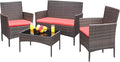 Greesum Patio Furniture 4 Pieces Conversation Sets Outdoor Wicker Rattan Chairs Garden Backyard Balcony Porch Poolside loveseat with Soft Cushion and Glass Table, Brown and Red