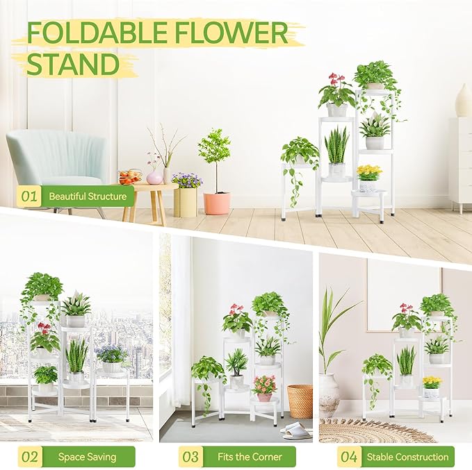 iDavosic.ly Plant Stand Indoor Outdoor, 6 Tier Corner Metal Flower Display Holder Shelf, Folding Tall Orchid Rack for Patio Balcony Porch Garden Living Room House, White