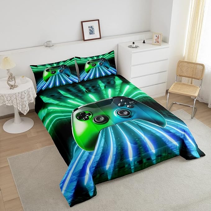 Erosebridal Green Blue Gamepad Comforter Set, Game Player Bedding Set Twin Size Modern Gamer Gaming Quilted Duvet Neon Trippy Duvet Set for Kids Boys Girls Teens Young Man Room Decorative