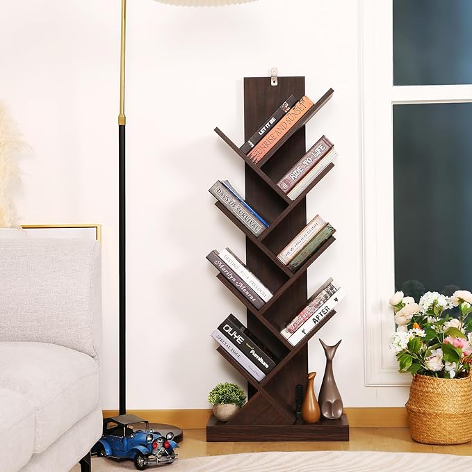 BATHWA Set of 2 Tree Bookshelves, Double 8 Shelf Tree Bookcases, Narrow I Shaped Book Shelves for Home Office, Rustic Wood Open Shelf Organizer Racks for Book CDs Magazines