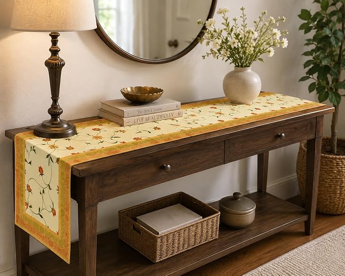 Hand Embroidered Silk Table Runner, Cream Floral Vine Design Decorative Table Linen for Dining Table, Kitchen, Coffee Table, Console, Wedding Reception, Birthday & Home Décor, 60 x 16 Inches