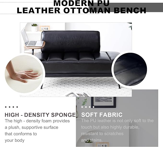 Sofa,Bed Bench,Small Spaces Furniture,Polyurethane Leather,Wood Frame,High Density Sponge Infillings,360-Degree Swivel Tray,Black Metal Leg (Black)