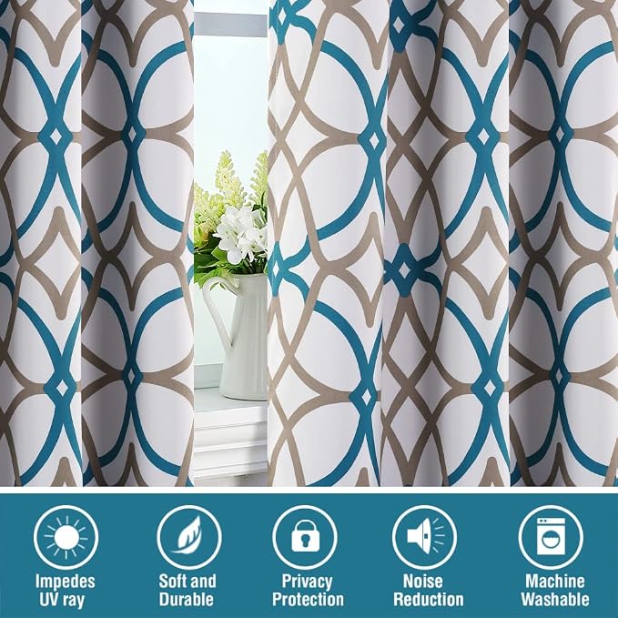H.VERSAILTEX Blackout Curtains Printed Design 108 Inch Length 2 Panels Set Thermal Insulated Curtains for Bedroom Living Room Geometric Modern Grommet Window Drapes - Teal and Taupe
