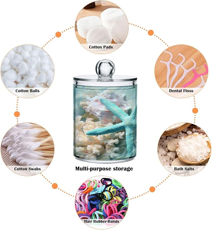 2 Pack Qtip Holder Organizer Dispenser Seashell Starfish Summer Beach Bathroom Storage Canister Cotton Ball Holder Container for Cotton Swabs/Pads/Floss