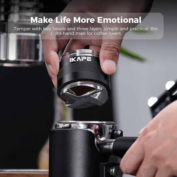 IKAPE Coffee Products, 53mm Coffee Distributor & Hand Tamper, Adjustable Depth Espresso Distributor Fits All 53mm Espresso Portafilter, Compatible with 54MM Breville Bottomless Portafilter (Black)