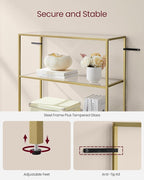 VASAGLE Bookcase, 6-Tier Bookshelf, Slim Shelving Unit for Bedroom, Bathroom, Home Office, Tempered Glass, Steel Frame, Metallic Gold ULGT503A01