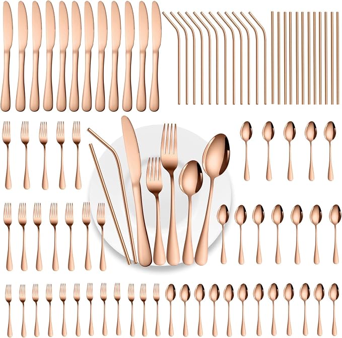 84 Pieces Mirror Rose Gold Silverware Service for 12 Flatware Set Stainless Steel Utensils Cutlery Set Dishwasher Safe