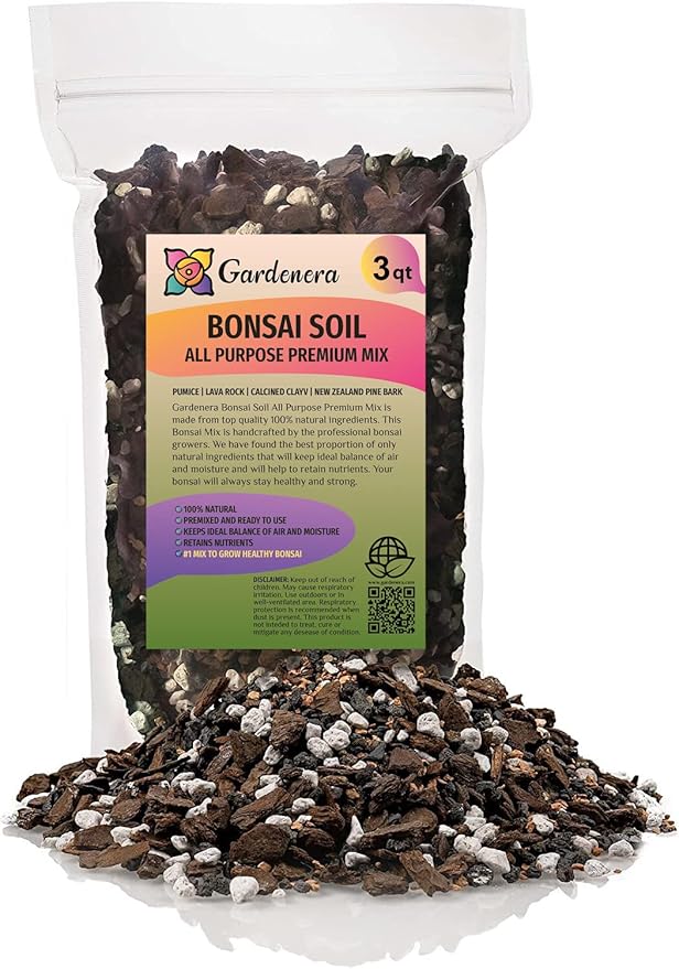 Premium Bonsai Soil All Purpose Fast Draining Mix - Pumice, Lava, Calcined Clay and Pine Bark Potting Pre Mixed Bonsai Plant Soil Mixture by GARDENERA - Made in USA - (3 Quart Bag)