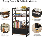 Small Bookshelf with Drawer: 4-Tier Wood Book shelf Industrial Narrow Bookcase Storage Organizer Metal Stackable shelves for Desktop Bedroom Living Room Home Office (Rustic Brown)